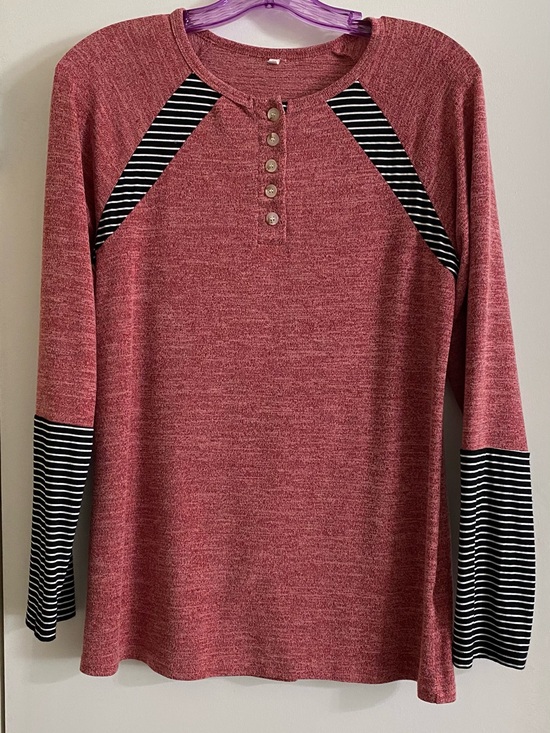 Unknown￼ Tops - Striped Sleeve Henley Pullover - Dusty Rose & Black